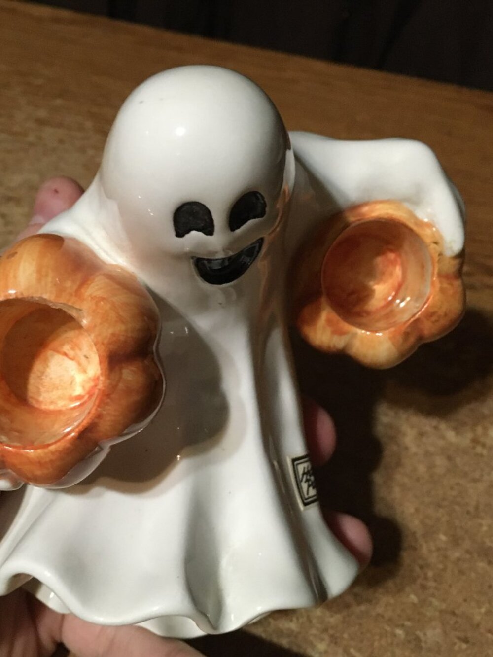 FITZ AND FLOYD HALLOWEEN GHOST HOLDING PUMPKINS CANDLEHOLDER - Picture 10 of 16
